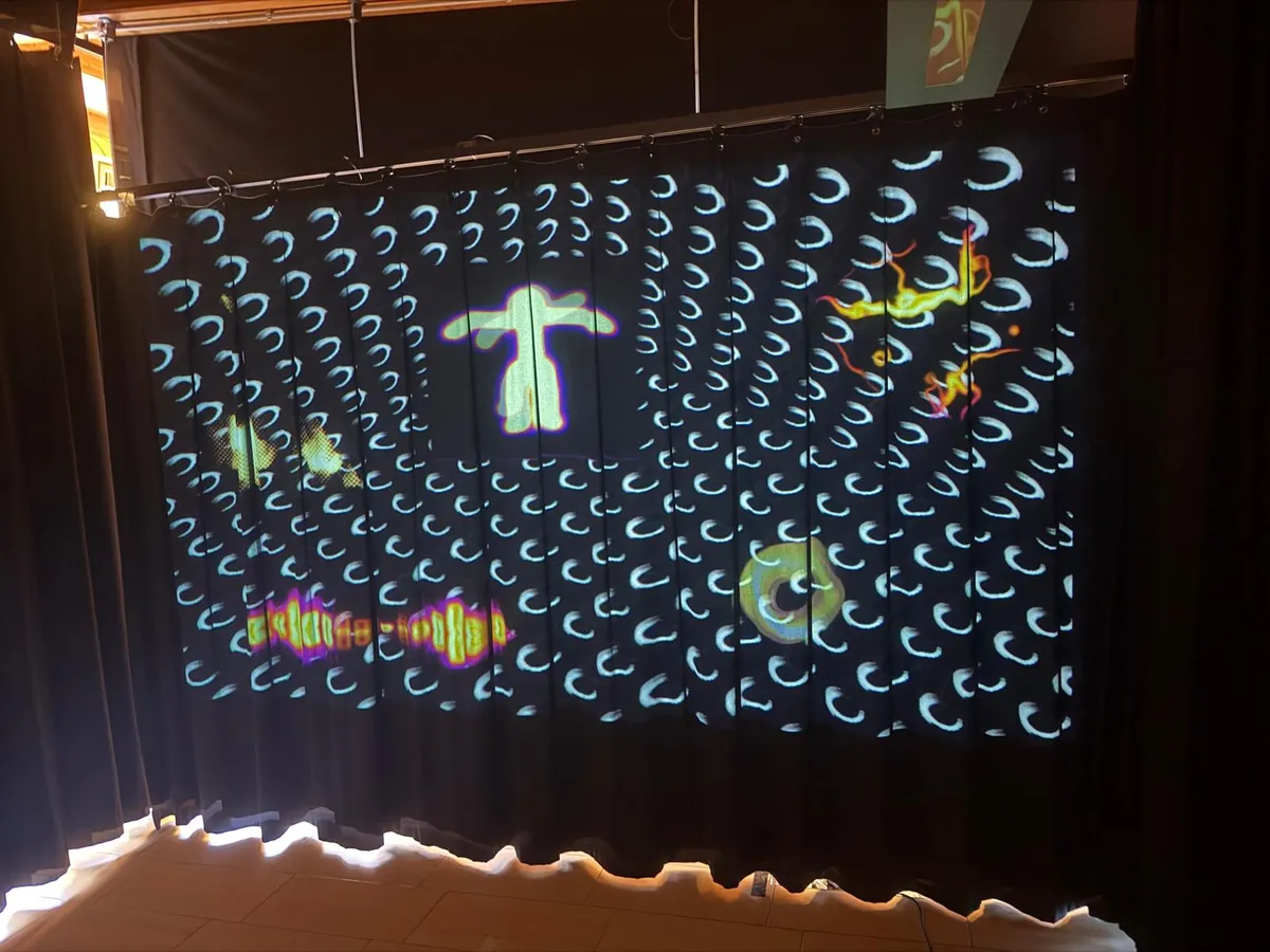 Spectral register — tiled crescent field, ghostly figure, fire and serpentine drift